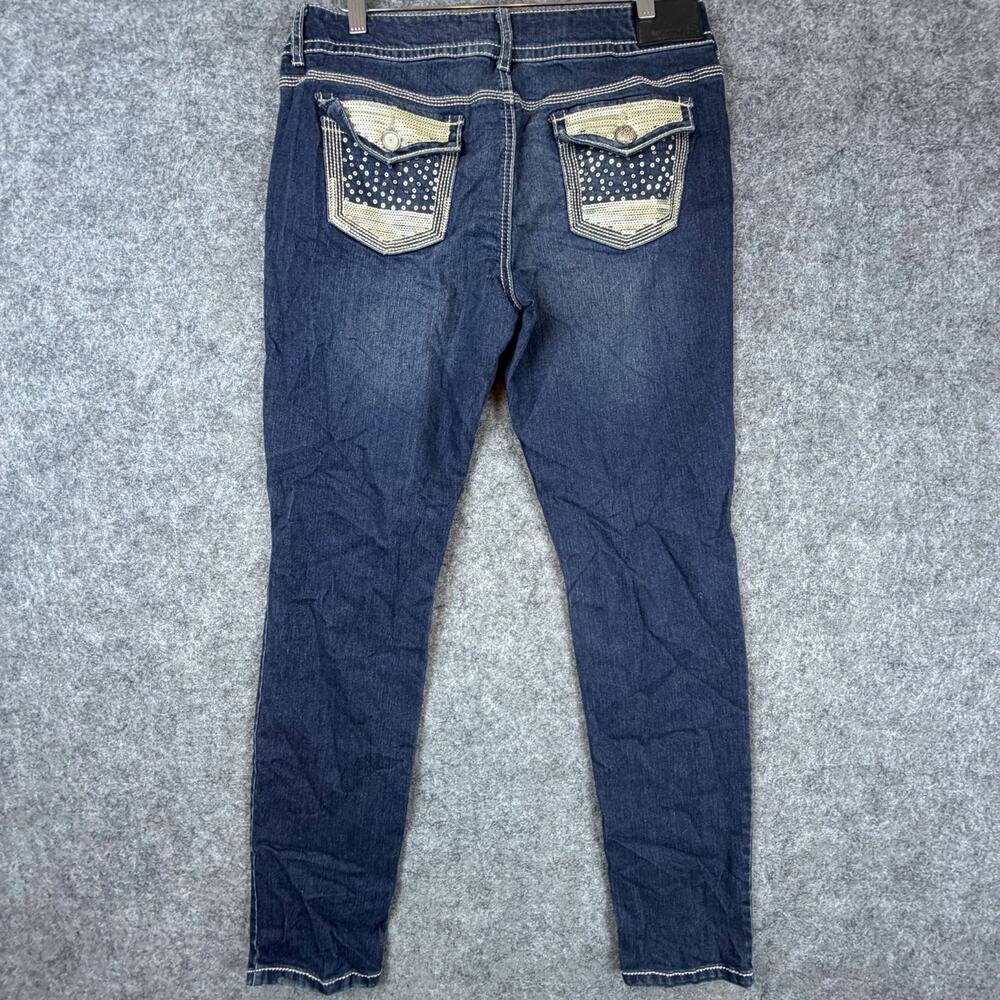 Y2K Maurices Thick Stitch Skinny Jeans Women Large Blue Denim Sequin Flap Pocket